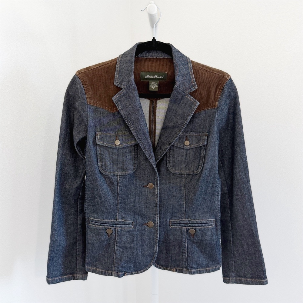 Vintage Eddie Bauer Denim + Corduroy Jacket Womens Small Petite (PS) Blue Brown